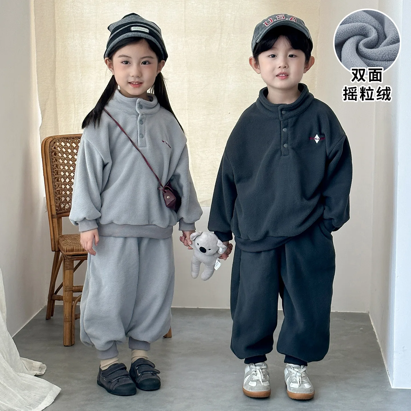 1180 Children's Polar Fleece Suit For Boys And Girls 2026 Autumn And Winter Plus Fleece Boy's Two-piece Suit Sweater+Pant