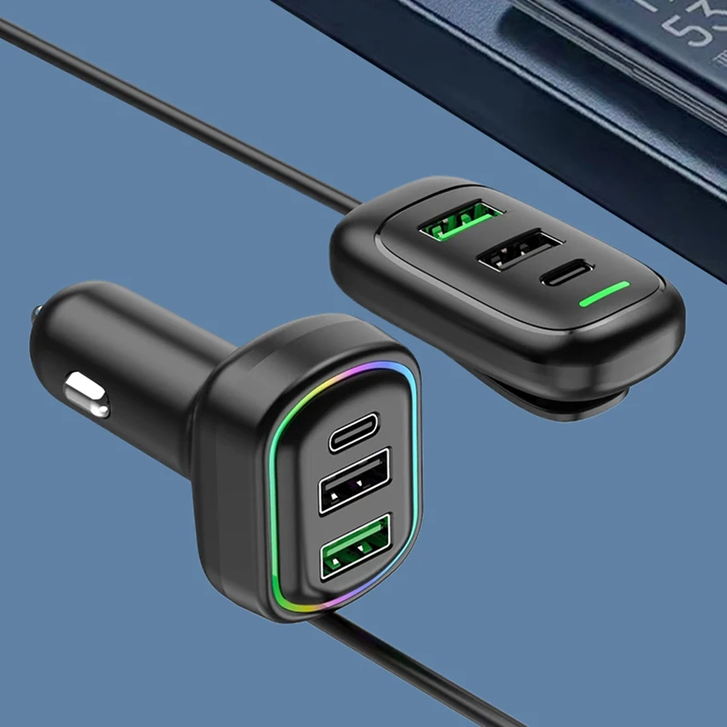 6-Ports USB Type-C Front And Rear Extension Car Charger With RGB Light PD Fast Charging Power Adapter For Iphone Tablet Laptop