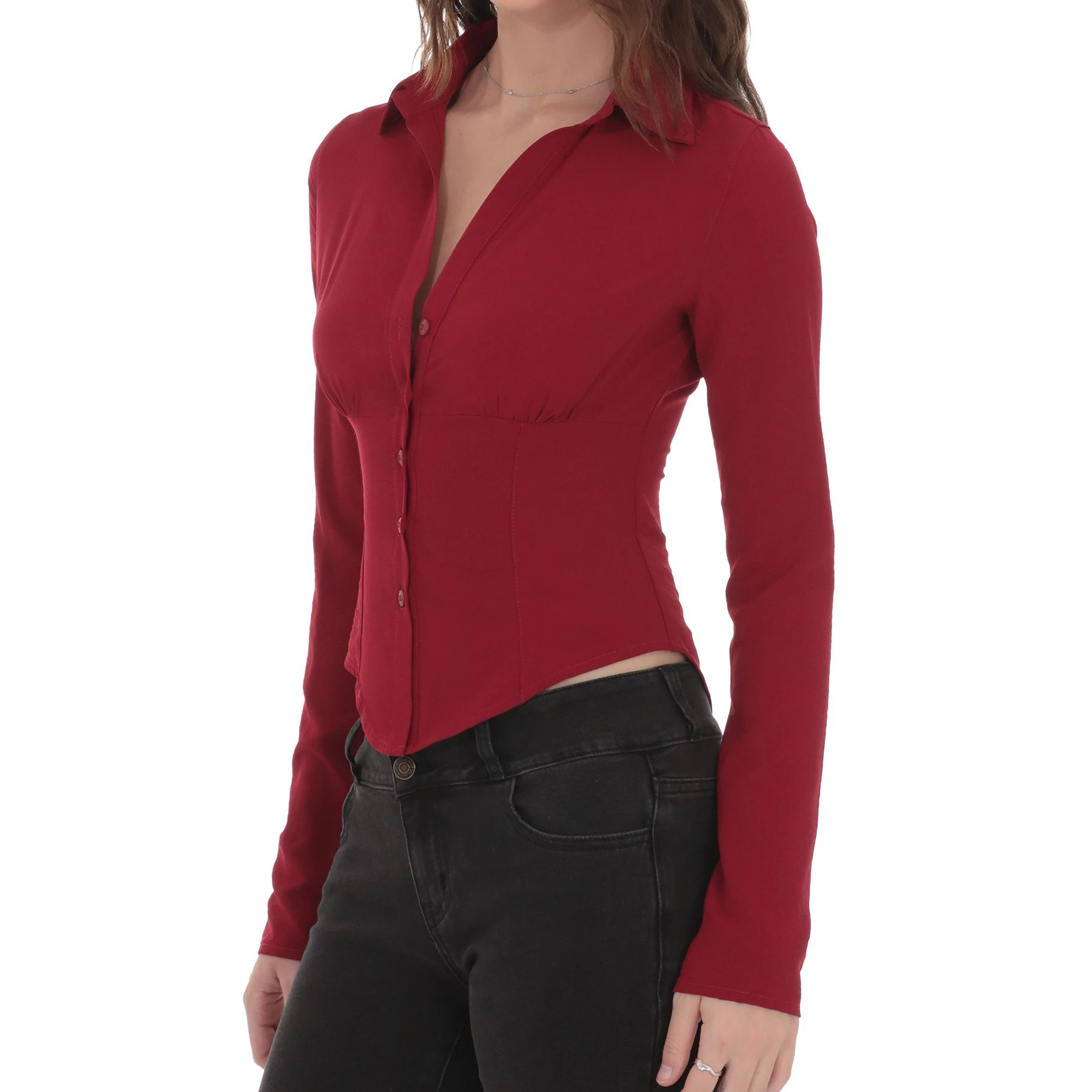 

2025 Womens Fall Shirts Button Down Long Sleeve Lapel V Neck Casual Solid Color Slim Fit Peplum Blouses