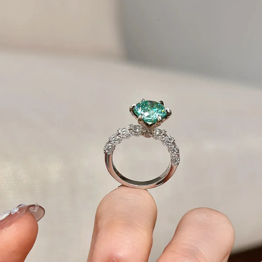 Verlobungsschmuck - Grüner Mint-Verlobungsring - Luxuriöser und modischer 3-Karat Grüner Diamant Sterling Silber Ring mit Mikrofassung – Detail 4