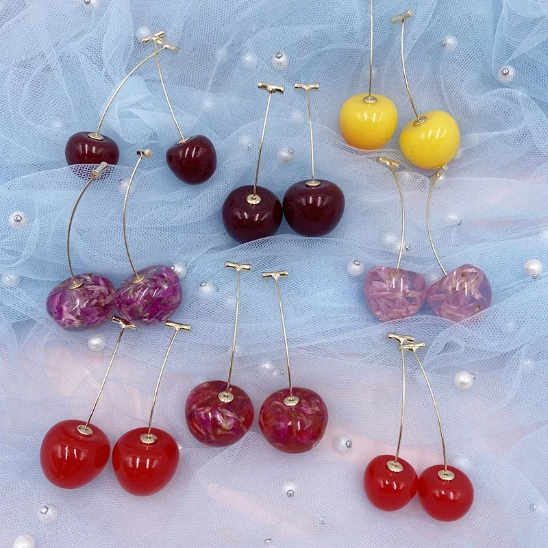 Korean Cute Clear Resin Cherry Earrings for Women  Gold Color Plated Fruit Drop Dangle Earrings Statement Jewelry Brincos