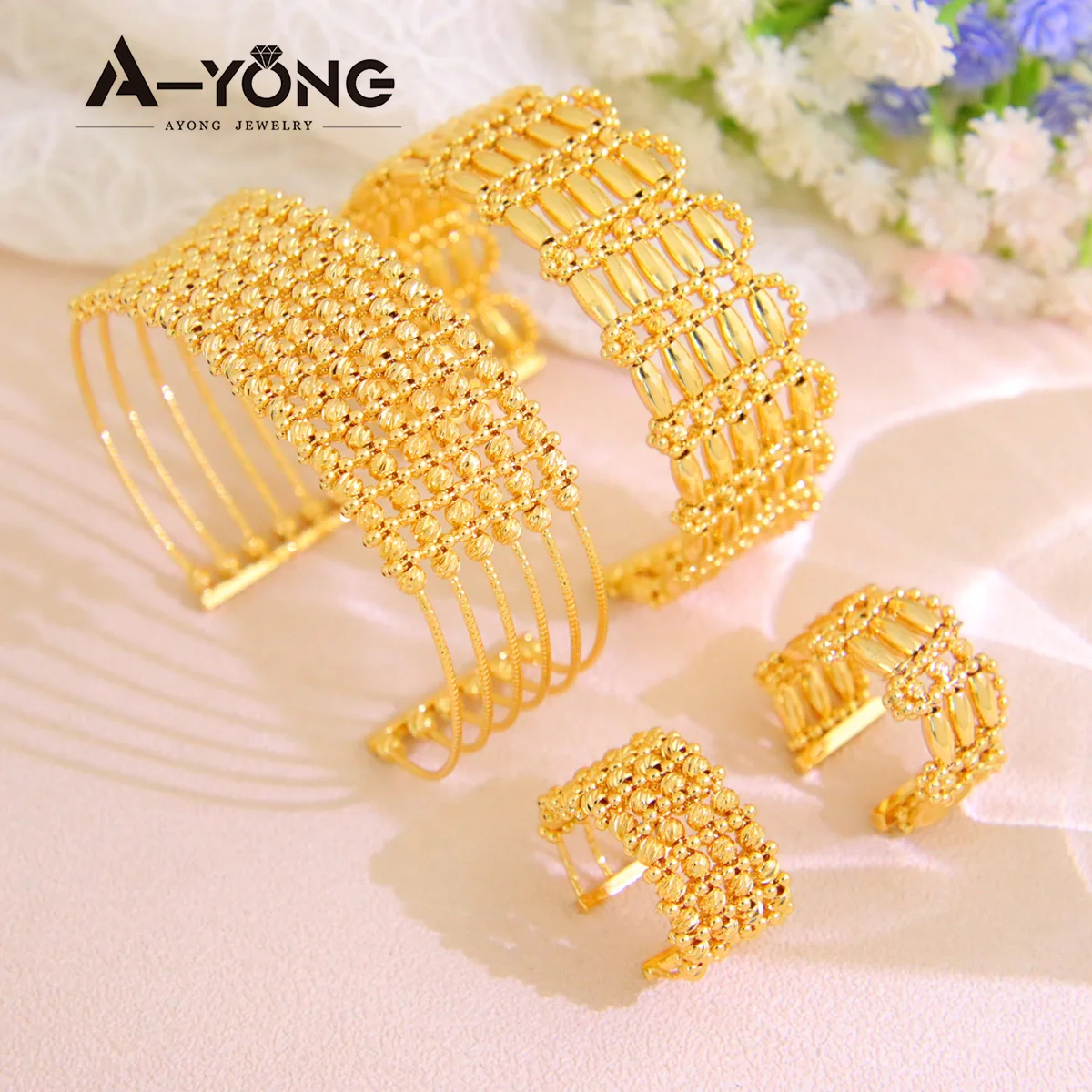 

Luxury Dubai Wedding Bracelet Set 24k Gold Plated Open Adjustable Nigeria Saudi Women Bridal Vintage Party Jewelry Gifts