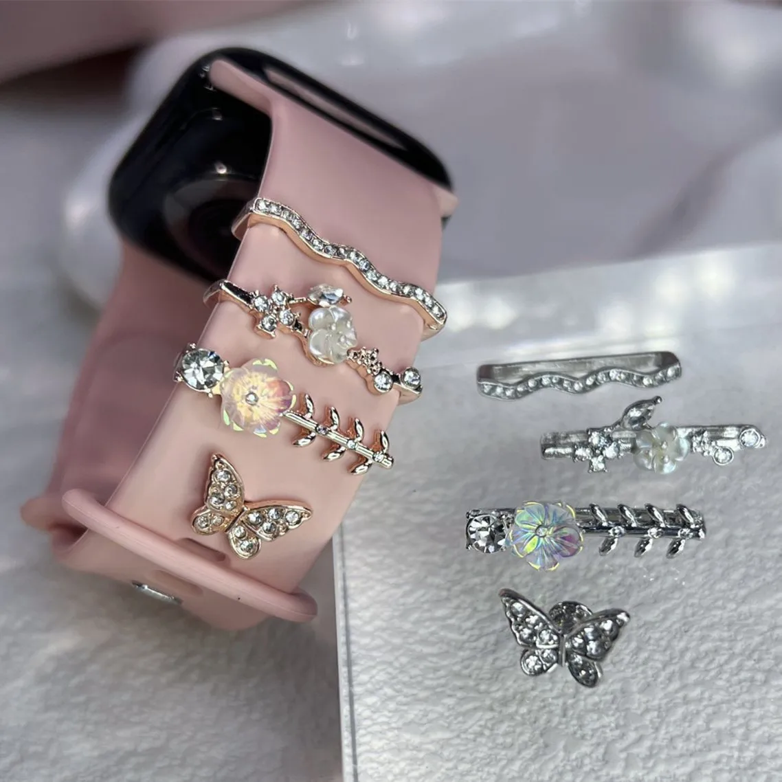 Silicone Strap Decorative Ring for Apple Watch Band Bling Flower Butterfly Metal Charms Rhinestone Ornament for iWatch Bracelet