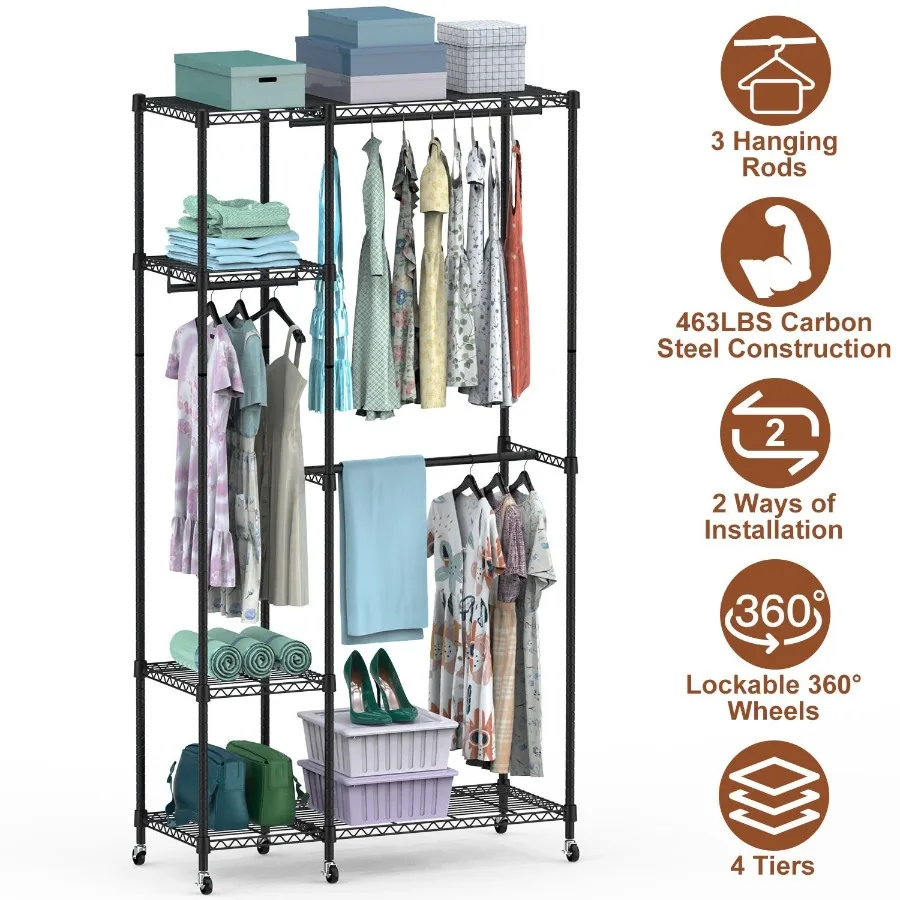 4 Tier Heavy Duty Garment Rack with Wheels Carbon Steel Clothing Rack Portable Wardrobe Clothes Rack with 3 Hanging Rods 6 Foot