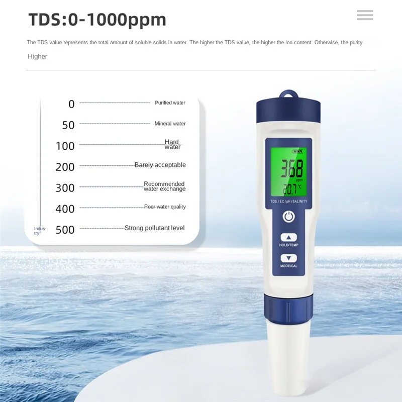 A60F-5 In 1 Temperature Meter TDS/EC/PH/SALT /Salinity Water Quality Monitor Tester For Aquarium Acidimeter