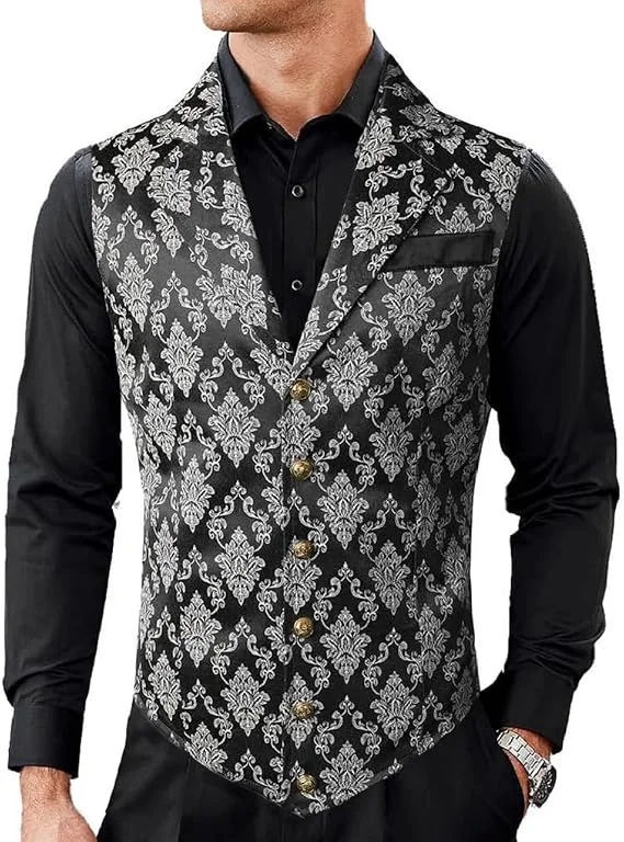 Formal Waistcoat Vest - ビクトリアンフローラルジャカードメンズスーツベスト、スリムフィットラペルベスト、フォーマルウェディング、宴会、パーティー、ビジネス用トップス