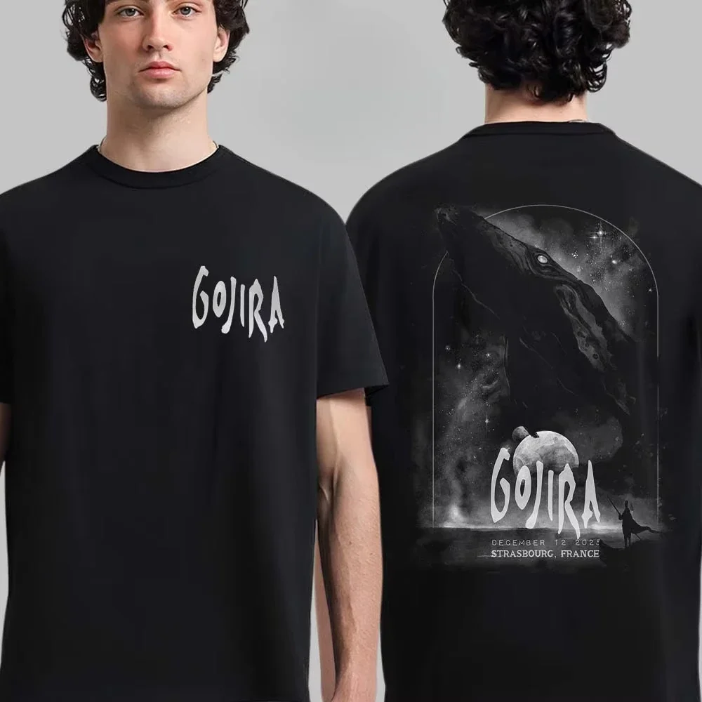 Camiseta Gojira Strasbourg 2025 con Estampado de Ballena Cósmica, en Blanco y Negro, Arte Épico, Estilo Metal, Streetwear, Casual, Unisex, con Fecha del Concierto
