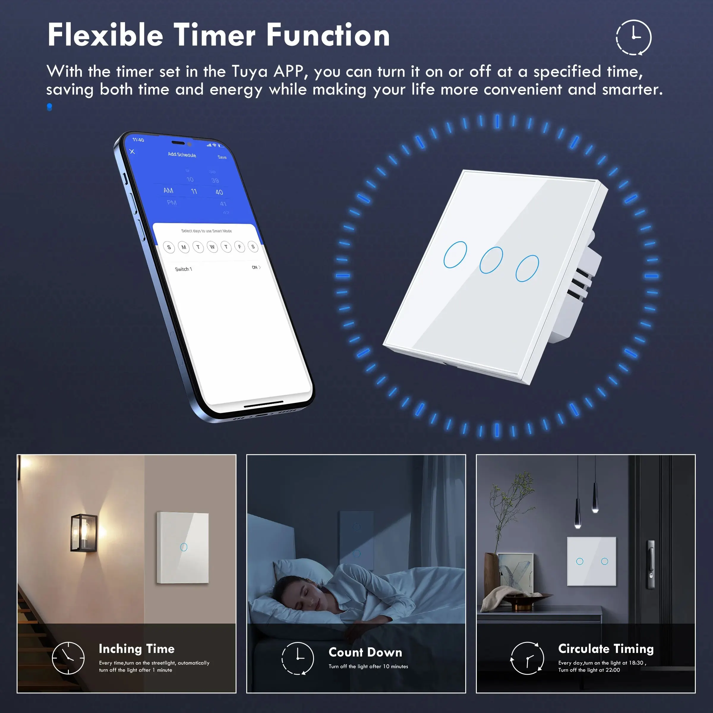 GIRIER Tuya Smart WiFi Light Switch 1/2/3 Gang Smart Touch Wall Switches EU Works with Alexa Google Home, Neutral Wire Optional