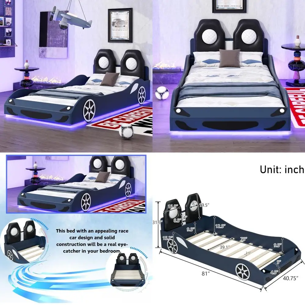 

Синяя кровать-гоночный болид для двойни с LED-подсветкой и мягким изголовьем для детей, с защитными бортиками