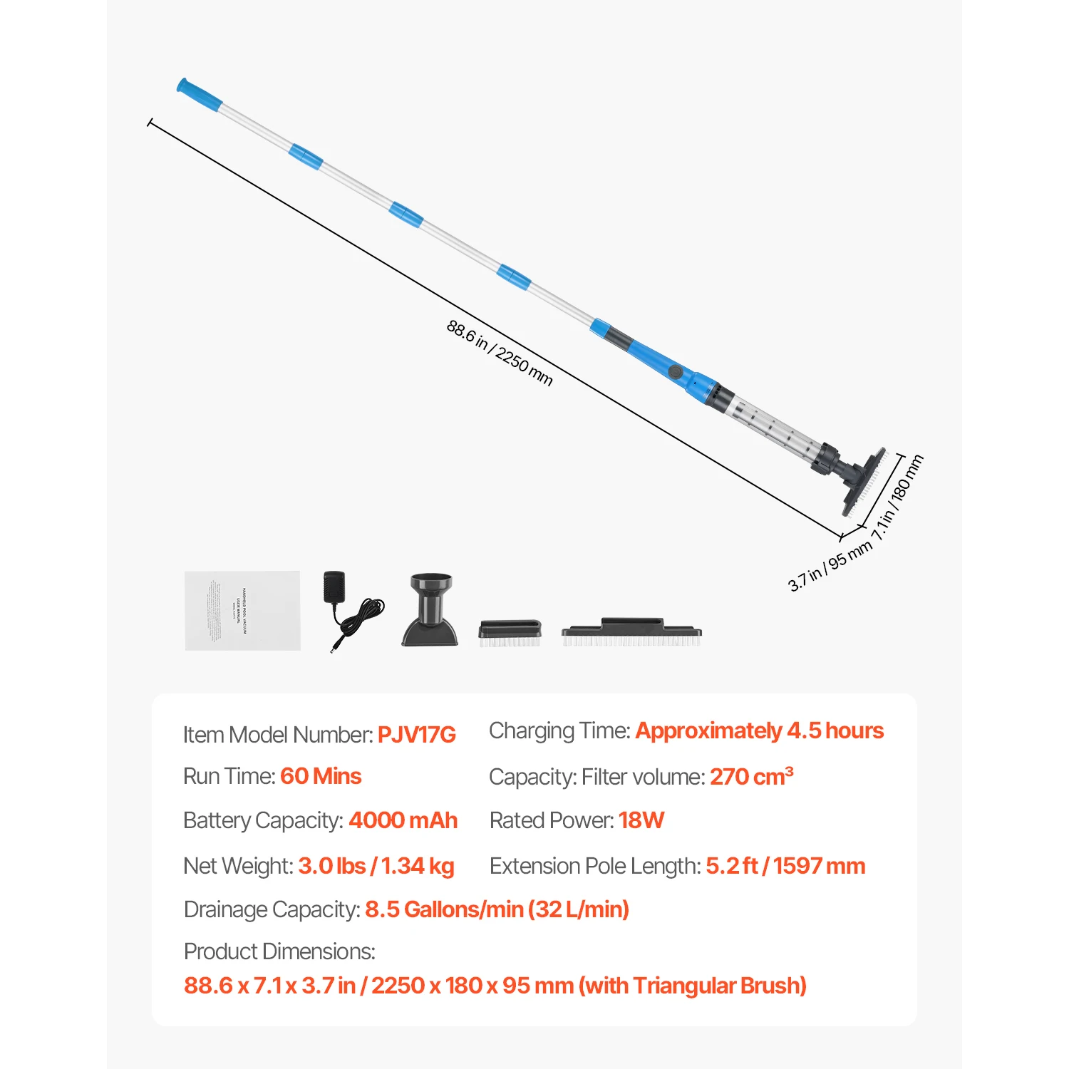 VEVOR Pool Vacuum 8.5 GPM Handheld Cordless Pool Cleaner Retractable & Rechargeable Pool Cleaner for Above Ground/Inground Pool