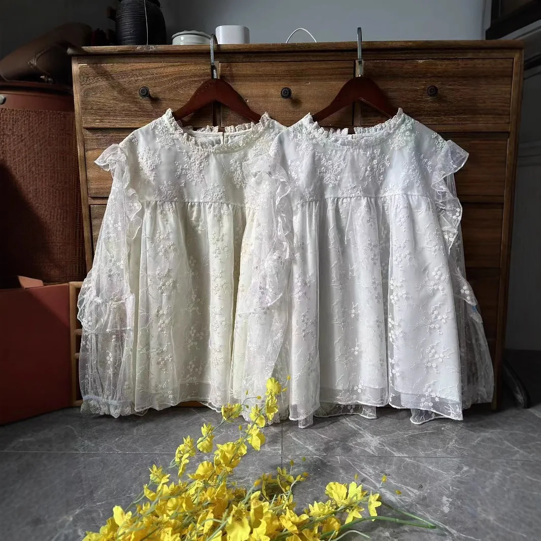

2025 Vintage clothing mori girl Japan style sweet lace embroidery white beige shirts and blouses fairy sweet lolita blouses