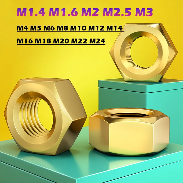 Solid Brass Copper Hex Hexagon Nut Screw Bolt Metric Thread M1.4 M1.6 M2 M2.5 M3 M4 M5 M6 M8 M10 M12 M14 M16 M18 M20 M22 M24