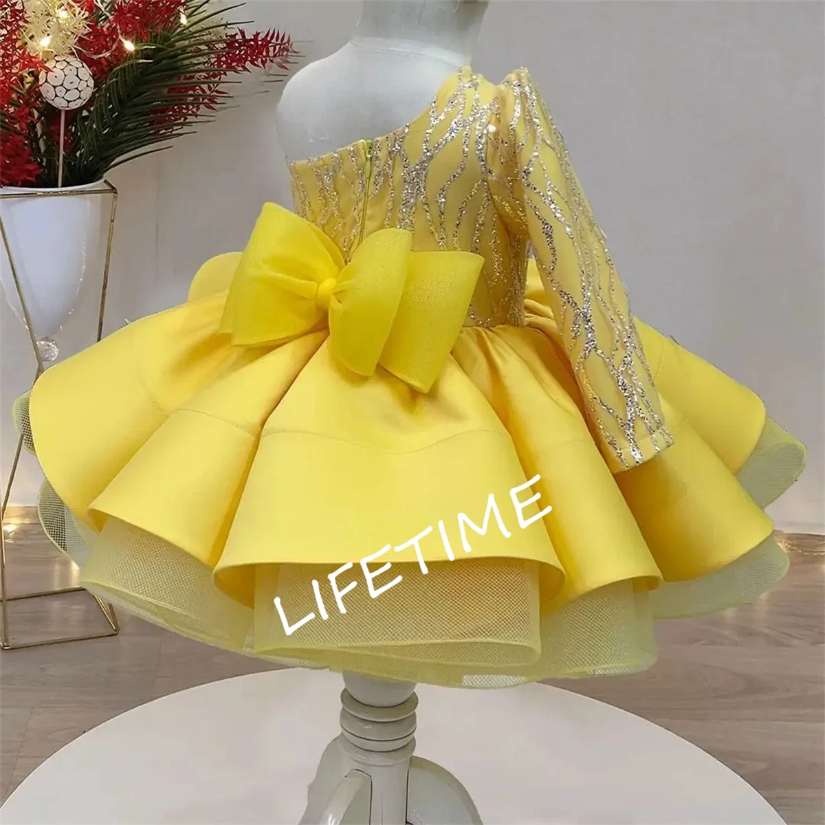 Yellow Flower Girl Tutu Dress 2022 Long Sleeve One Shoulder Princess Baby Girls Pageant Gowns Puffy First Communion Birthday For