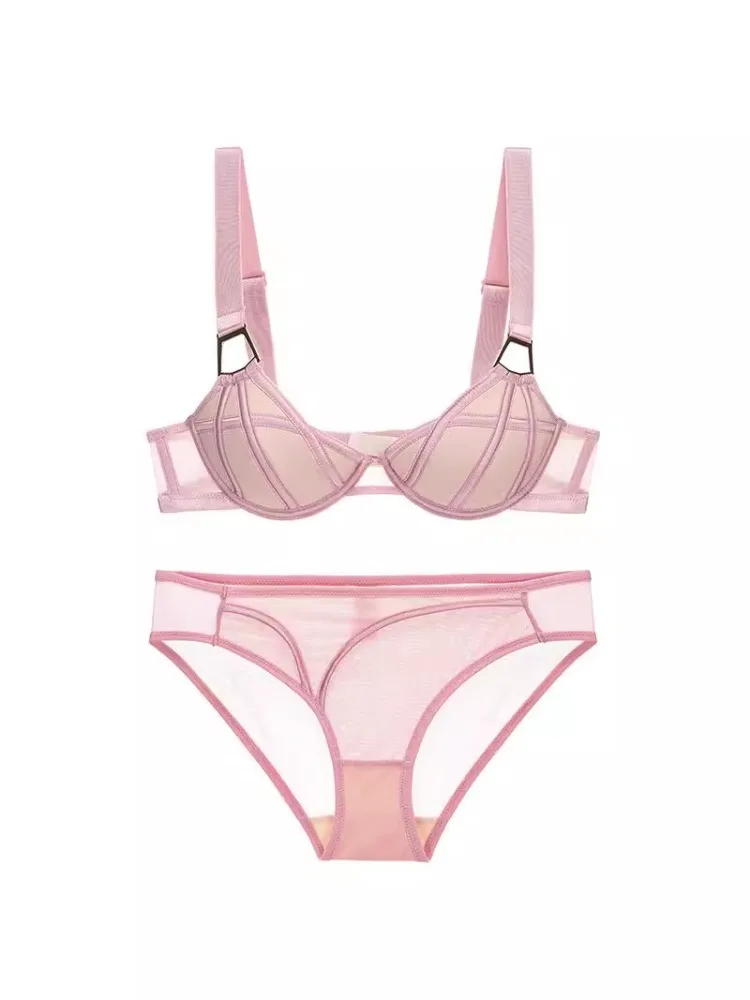 French Underwear Women Gather Small Breasts and Thin Autumn and Winter Belts, Sexy Bra Set, Anti-sagging Adjusted Pink Bra.