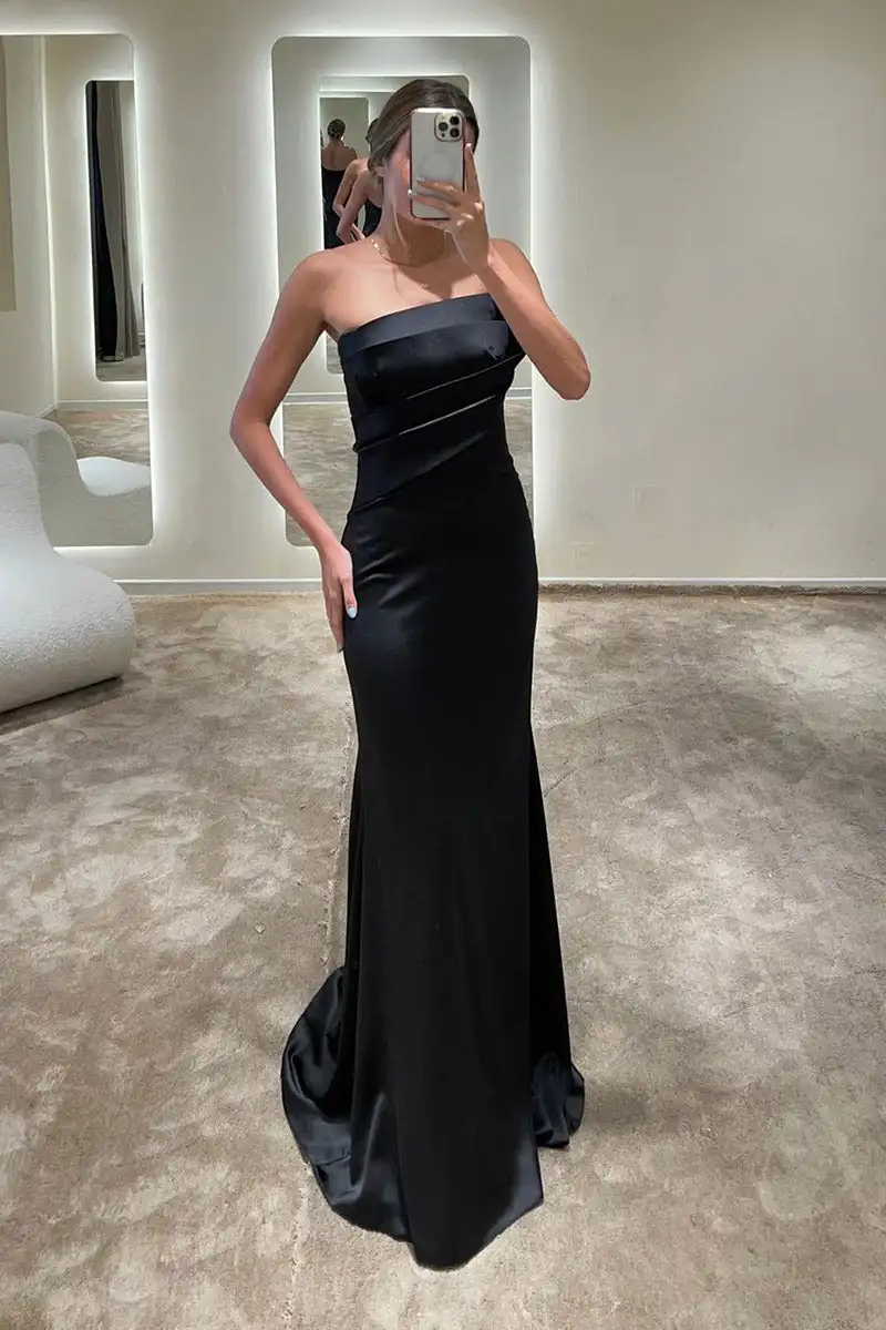 Elegant Mermaid Strapless Satin Pleated Long Formal Evening Gown 2024 Wedding Prom Party Dress فساتين مناسبة رسمية فساتين السهرة