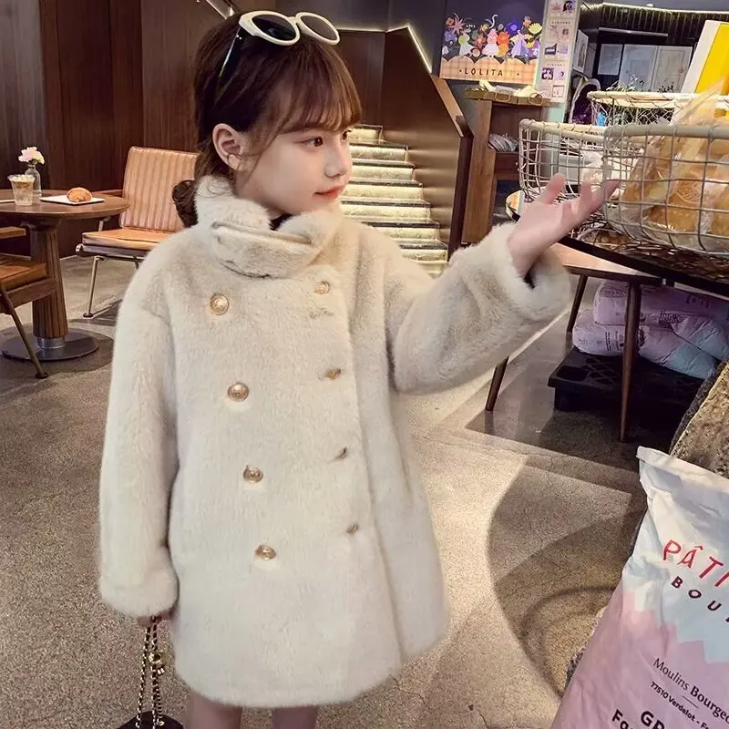 Imitation Mink Velvet Jackets Girls 2024 Autumn Winter New Loose White Casual Sweater Coat kids  Jacket