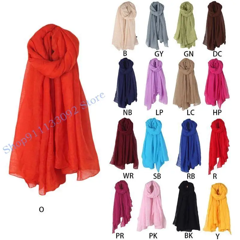 

H9ED Womens Solid Color Scarfs Large Sheer Wrap Shawl Cotton Linen Headscarf Hijab