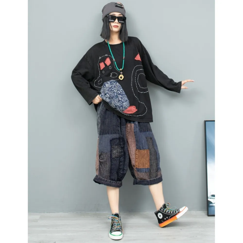 Vintage Hand Embroidered Long Sleeve T-shirt + Old Cloth Splicing Straight Leg Pants Two Piece Set Women 2024 Autumn LX1913