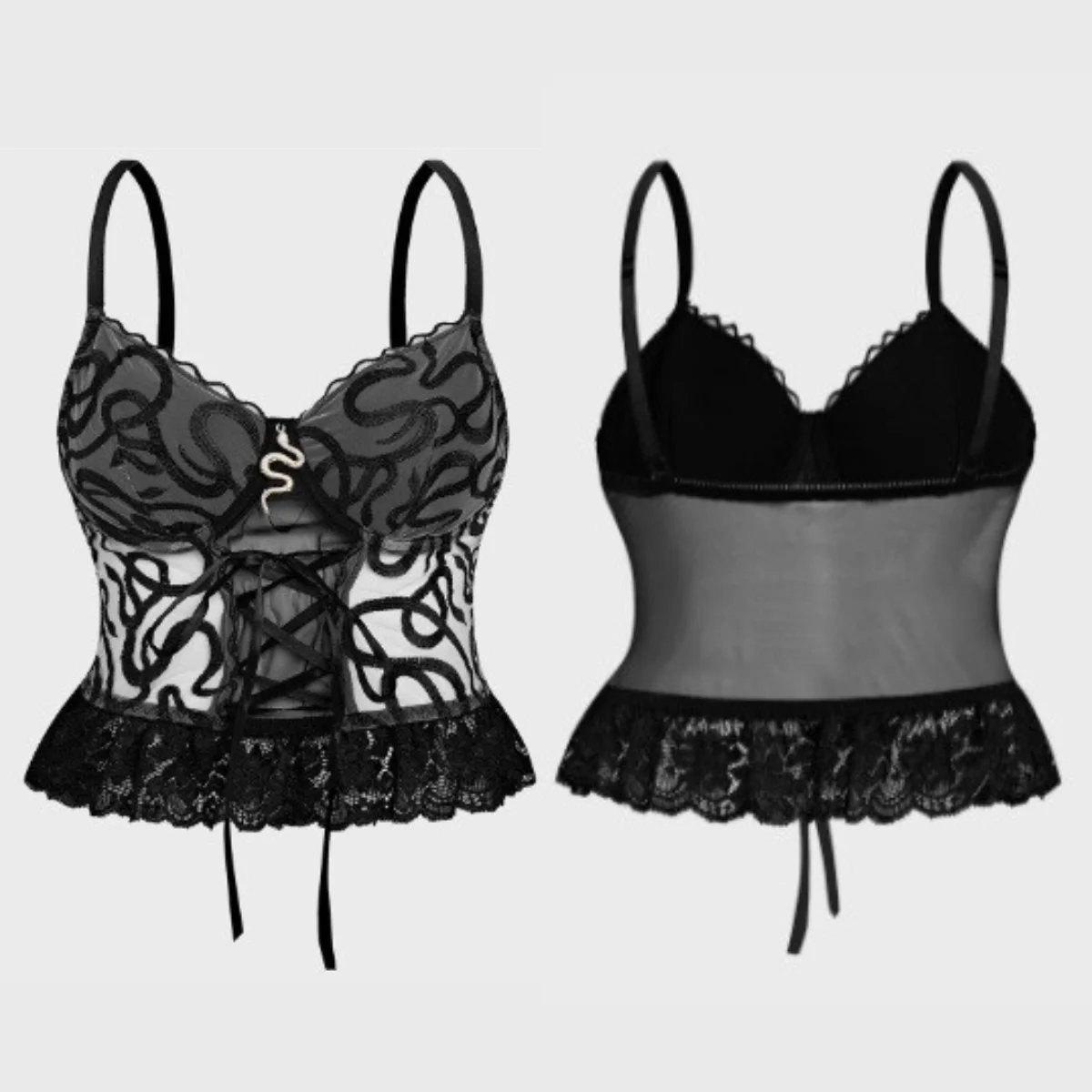 Snake Patterned Tops Lace Hem See-through Straps Tight Cami Sexy Lingerie Vest Casual Backless Tank Top Women Clothes Streetwear