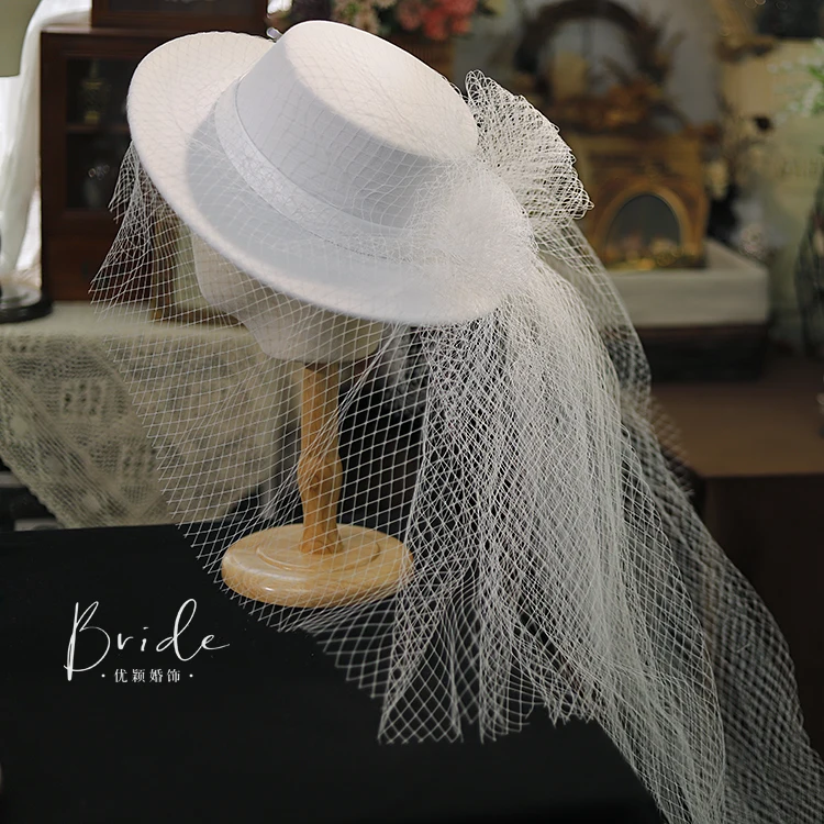 Fashion White Wedding Hat with Long Veil Elegant Large Flat Fedora Hat Face Veil Fascinator Hat Headwear Church Party Formal Hat