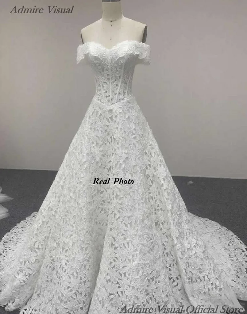 

Admire Visual Wedding Dress A-Line Lace Off The Shoulder Sleeves Lace Up Basque Chapel Train Customized Bride Gowns