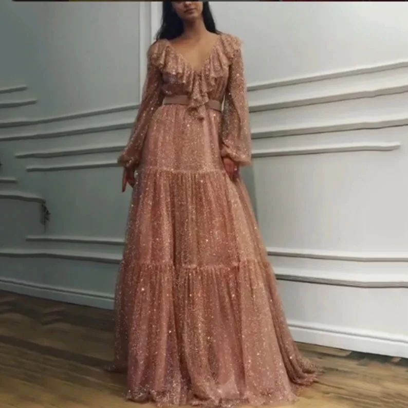 Sexy longue Sve v-ne femmes Dr doré saupoudrage robe de soirée jupe Midi Princes Sve Polyester mousseline de soie printemps automne