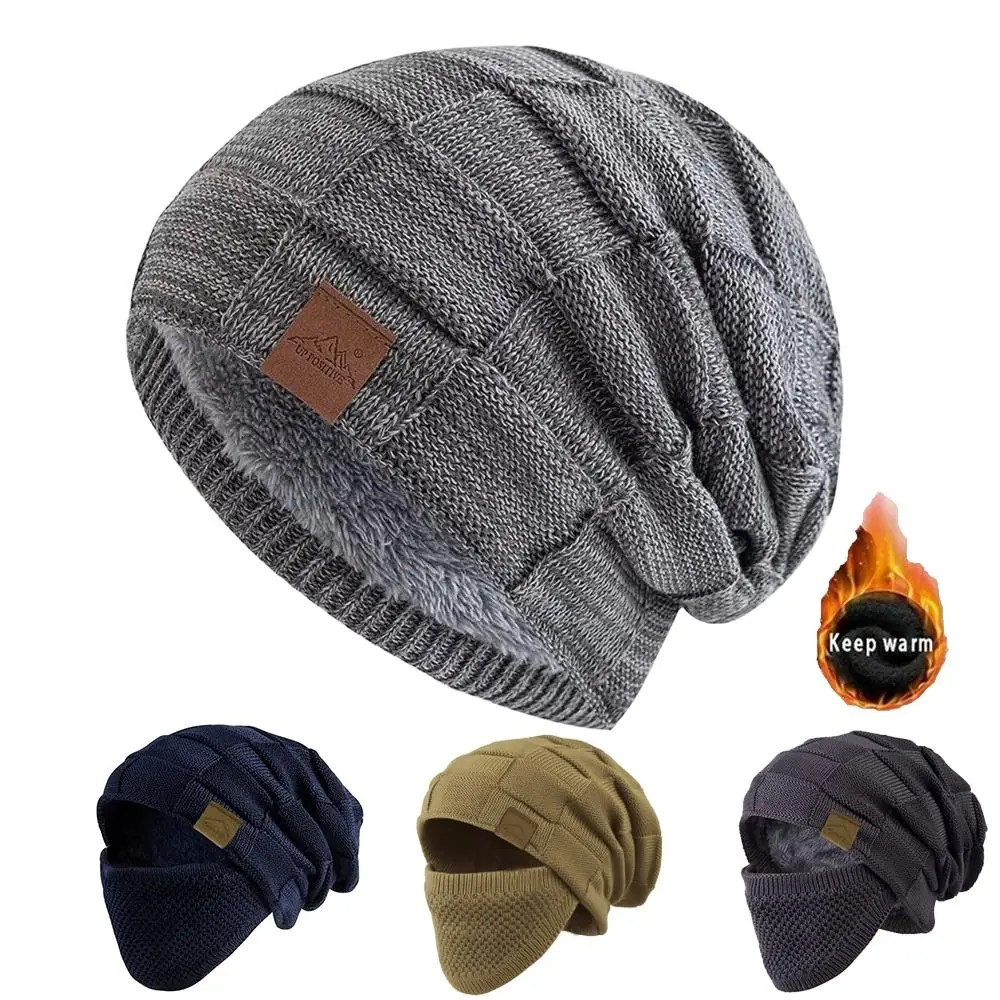 

Plus Size Winter Beanie Cap Thick Warm with Face Cover Knitted Hat Cuffed Design Soft Outdoor Cold Weather Cap for Women Men