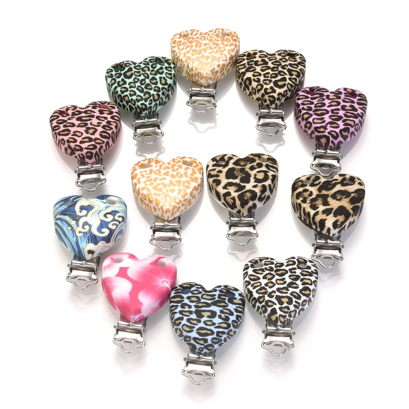 3Pcs 38x50mm Leopard Heart Silicone Teething Clip Food Grade Teether Dummy Holder Clip DIY Baby Soother Pacifier Chain Accessory