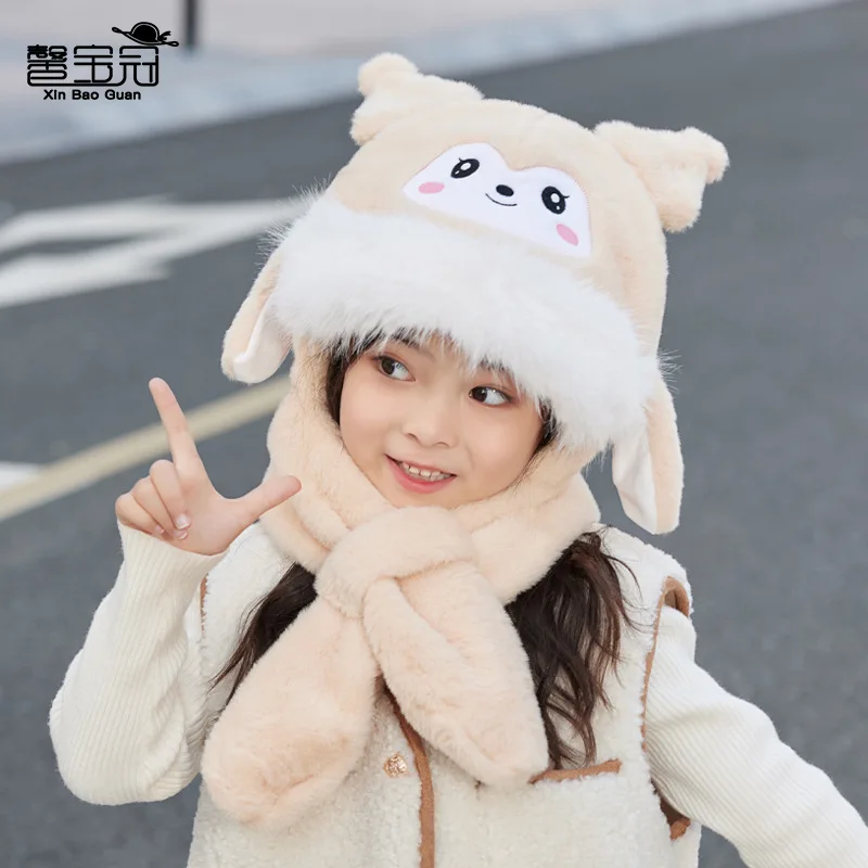 Sanrios Child Hat Ear Able To Move Cute Scarf One-Piece Cap Winter Kuromi Kawaii Cartoon Outdoor Keep Warm Tab Pullover Hat