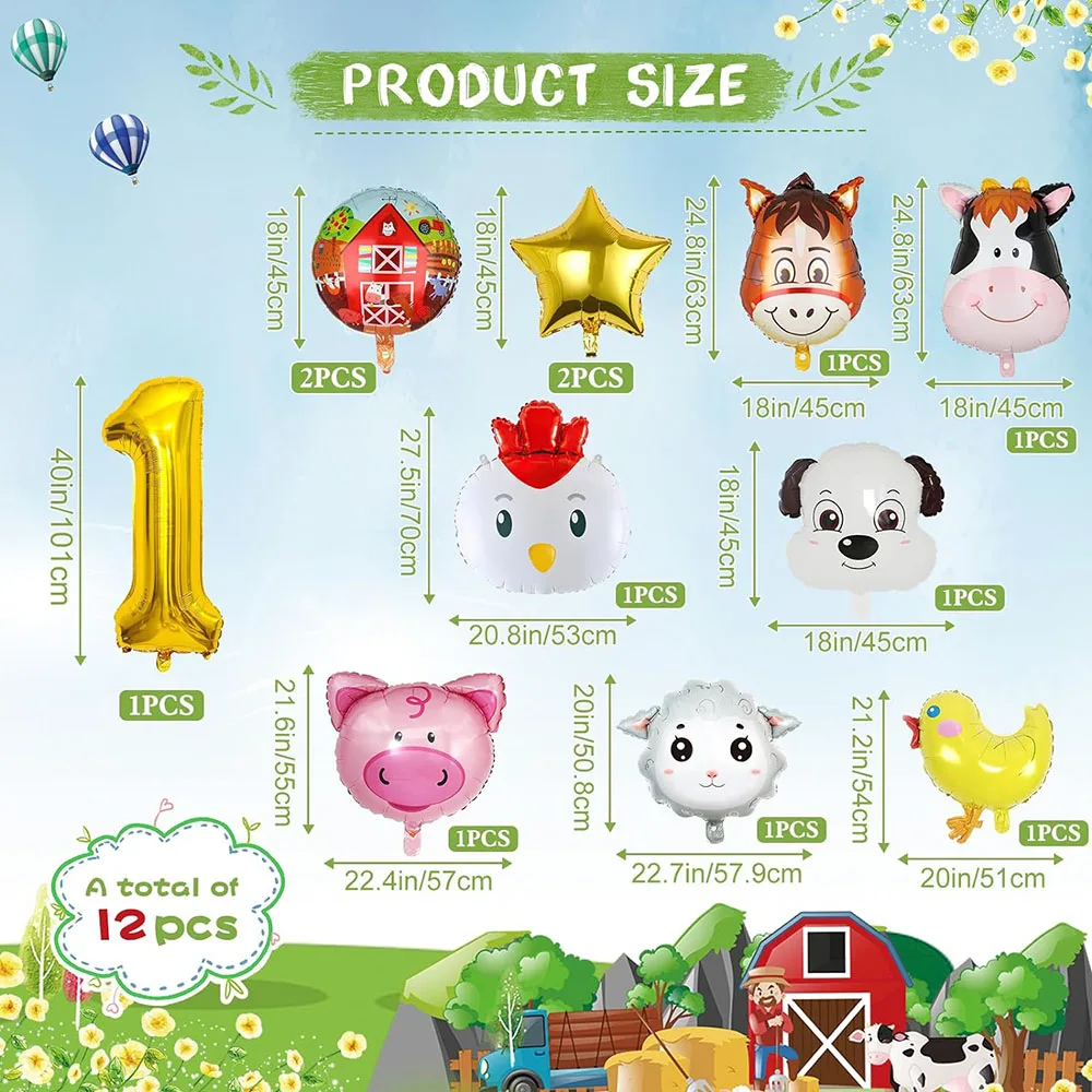 Farm-Tier-Ballons für Geburtstagsdekorationen – 12-teiliges Set mit Zahlen-Folienballons zum Thema Bauernhof, inklusive Kuh-, Esel-, Schaf-, Schwein- und Hühnerballons, Partyzubehör zum Bauernhof-Thema für Kinder. – Detail 2