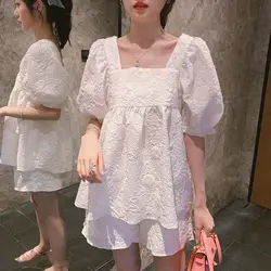 Korean Summer Two Piece Set Women Puff Sleeve Sweet White Shirt Tops  shorts Shirts Suit Femme Sets