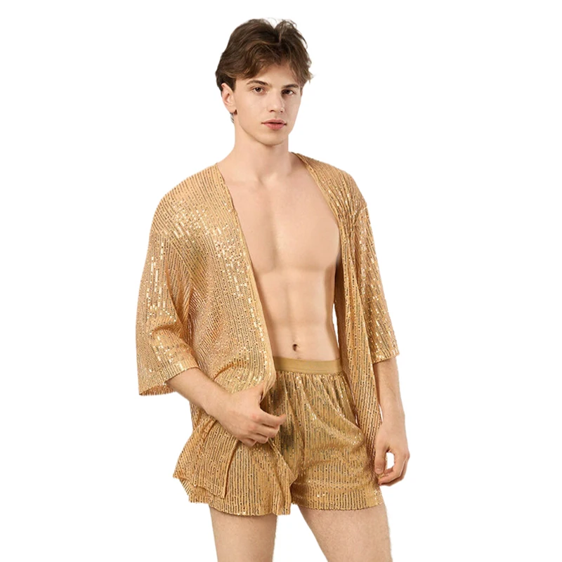 Herrenbekleidung 2-Teiliges Outfit Strickjacke Shorts Herren-Set Glitzernder Lockerer Strandüberzug Nachtclub Festival Rave Party Bühnenkostüm – Detail 11