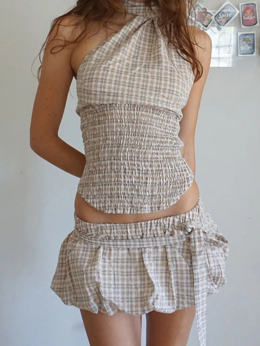 Women Y2K 2 Piece Bubble Skirt Outfit Set Off the Shoulder Plaid Halter Tank Top and Puff Mini Skirt with Belt Party Clubwear