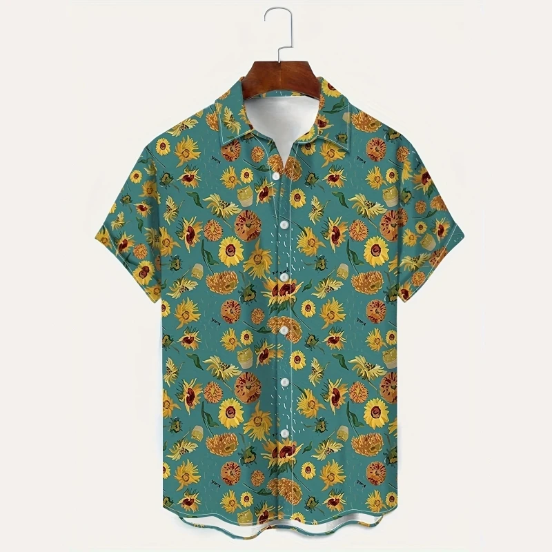 Camiseta estampada de manga curta floral masculina, camisa de botão de lapela, blusa de festa praia, top havaiano, verão