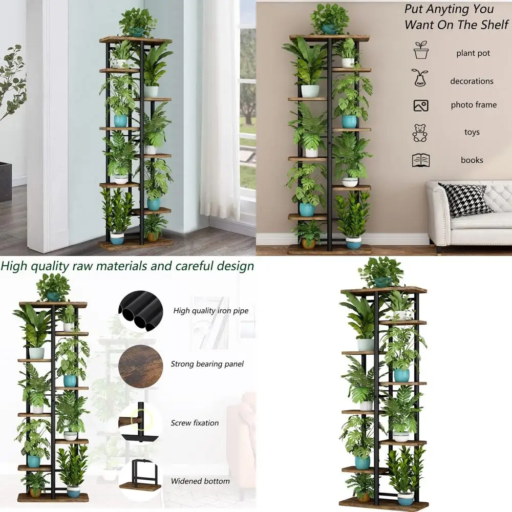 

8-Tier Plant Stand with 9 Pots, Multi-Purpose Indoor/Outdoor Storage Rack for Patio, Balcony, or Living Room (Black)