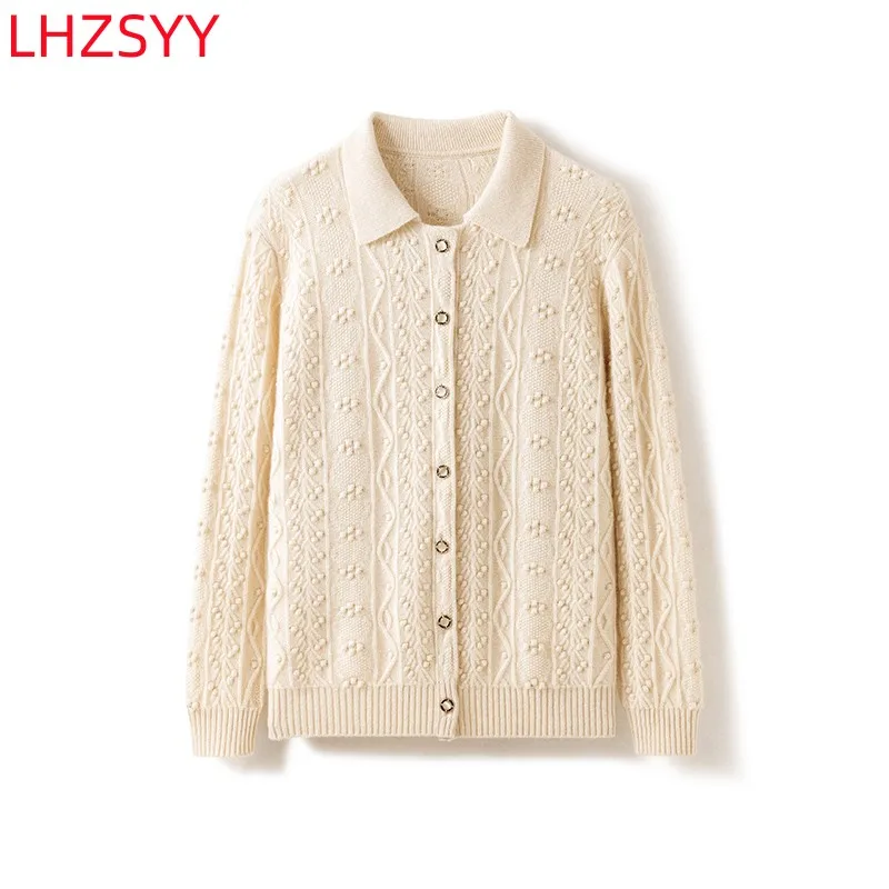 LHZSYY 100% Pure Cashmere Cardigan Women's High-End Polo Neck Jacket Spring New Jacquard Shirt Knit Sweater Large Size Coat Tide