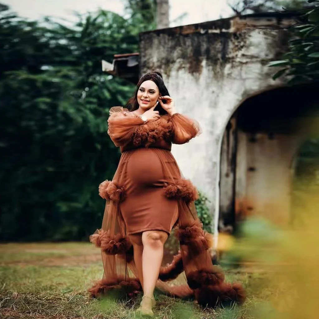 Vestidos de maternidade em camadas longas para mulheres grávidas, mangas completas, vestidos de fotografia babados, ver através, doce festa, fluindo