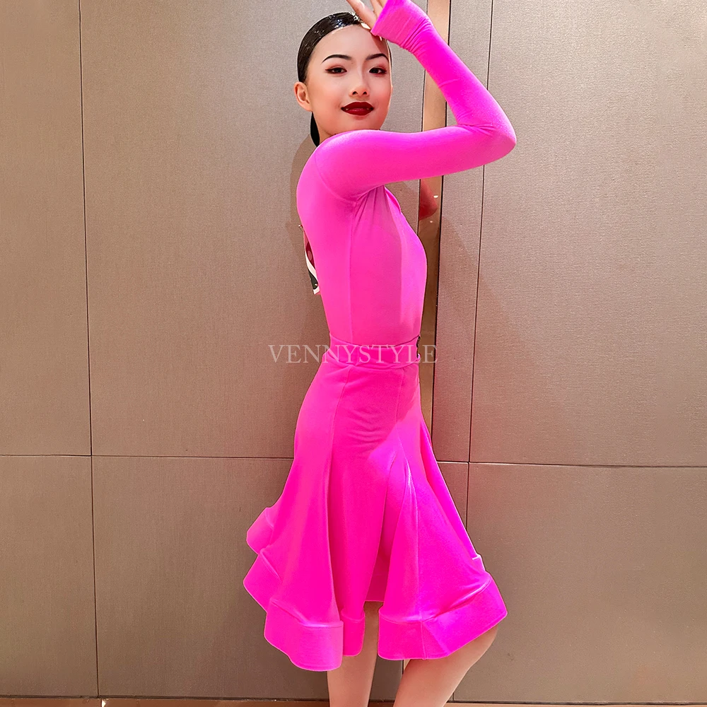 Vennystyle Latin dance competition dress Professional ballroom dance long sleeve velvet dance dress red professional dance dress
