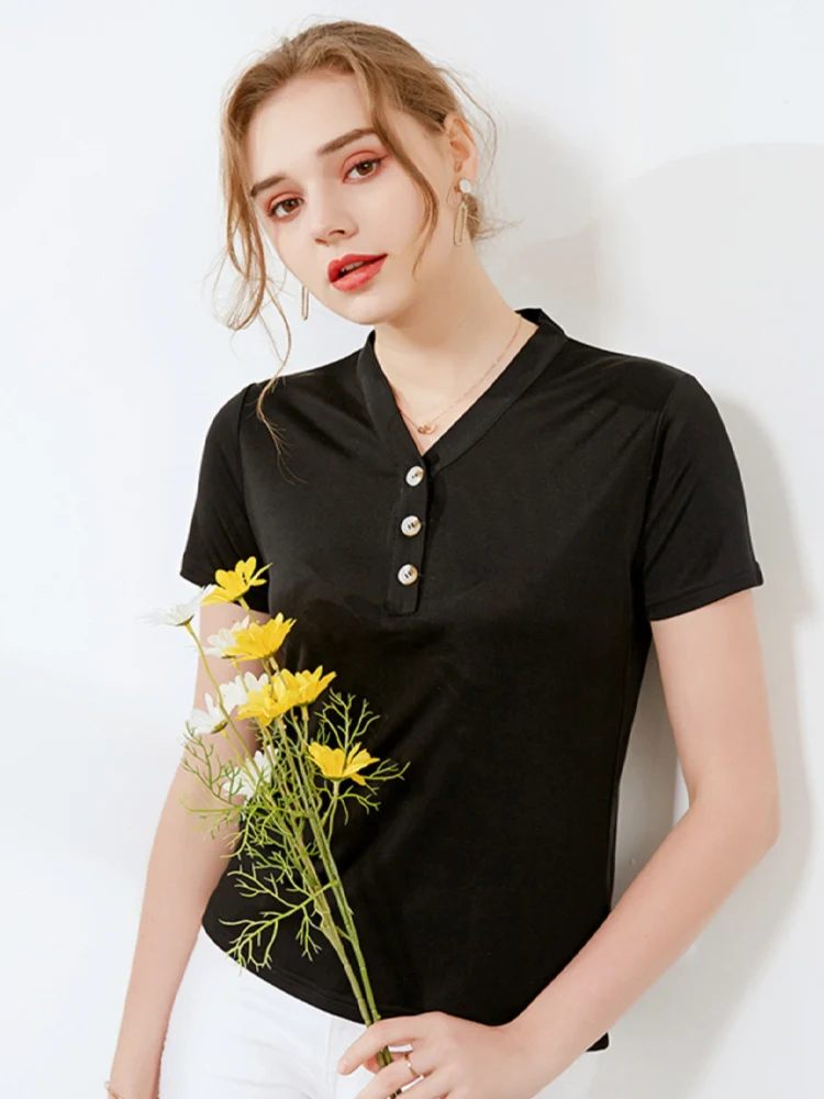 SuyaDream Women Solid T Shirt 30%Silk 70%Viscose V Neck Short Sleeves Chic Shirt 2025 Spring Summer Khaki Silk Top XXXL