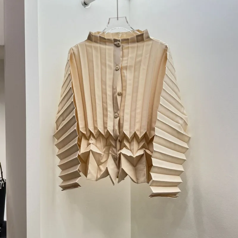 YFPF Miyake Pleated Design Shirt Women Fashion Folds Long Sleeve Button Solid Color Blouse Casual 2025 New Clothing 3A422