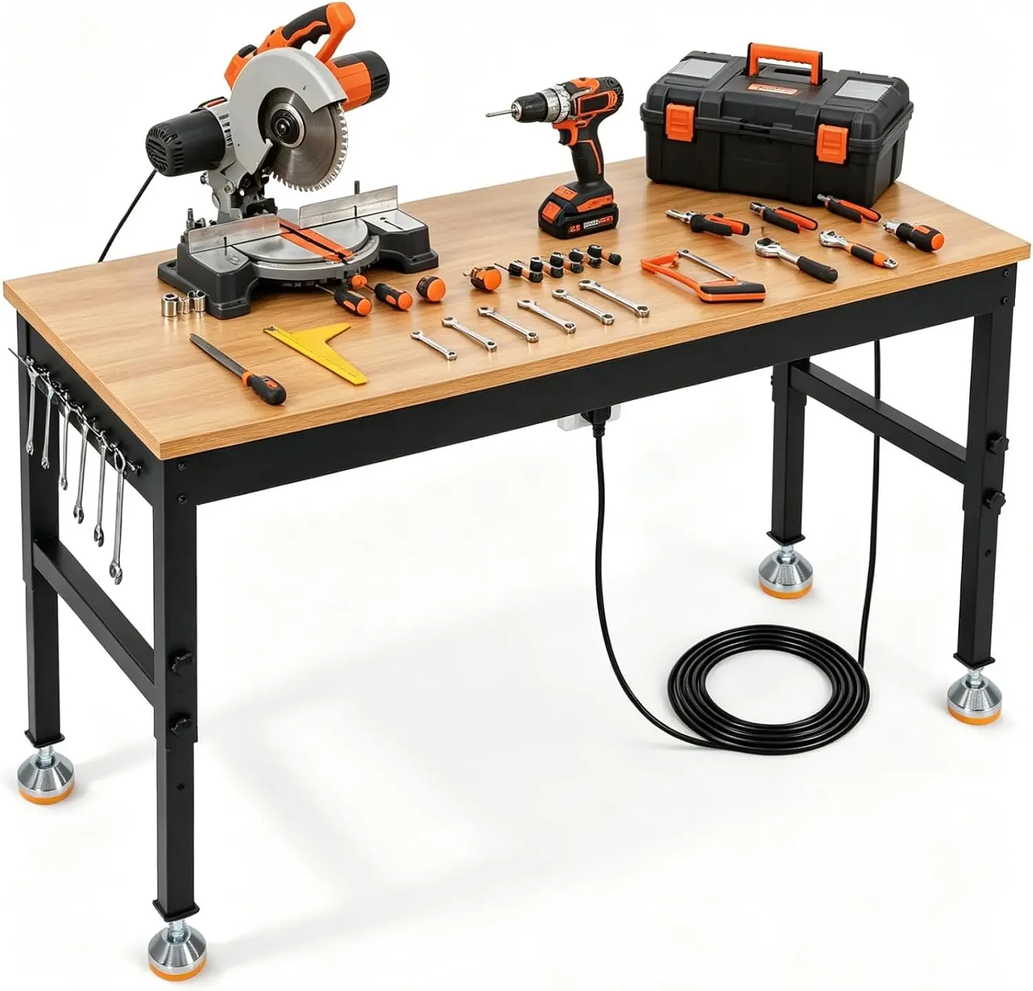 72 Inch Adjustable Workbench 2500 LB Load Capacity Rubberwood Tabletop Built In Power Strip Garage Workshop Home Office Heavy Du