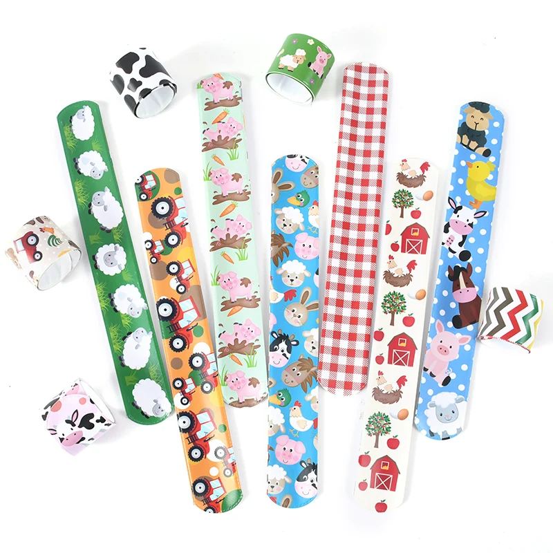 12pcs Random Cartoon Slap Bracelets Cows Pigs Rabbits Sheep Animal Theme Clap Circle Wristband Birthday Kids Favor Toys Supplies