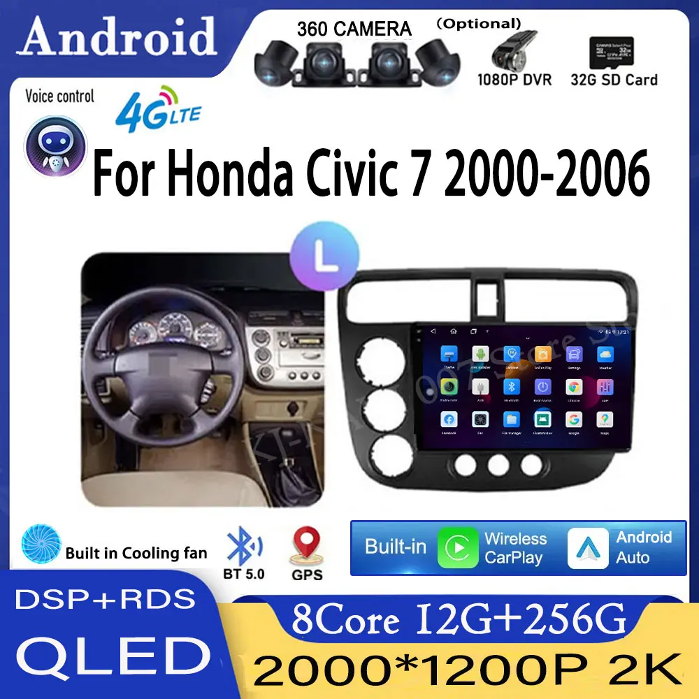 

9-дюймовый для Honda Civic 7 2000-2006 Android 14 автомобильный радиоприемник мультимедийный плеер навигация GPS Carplay видео