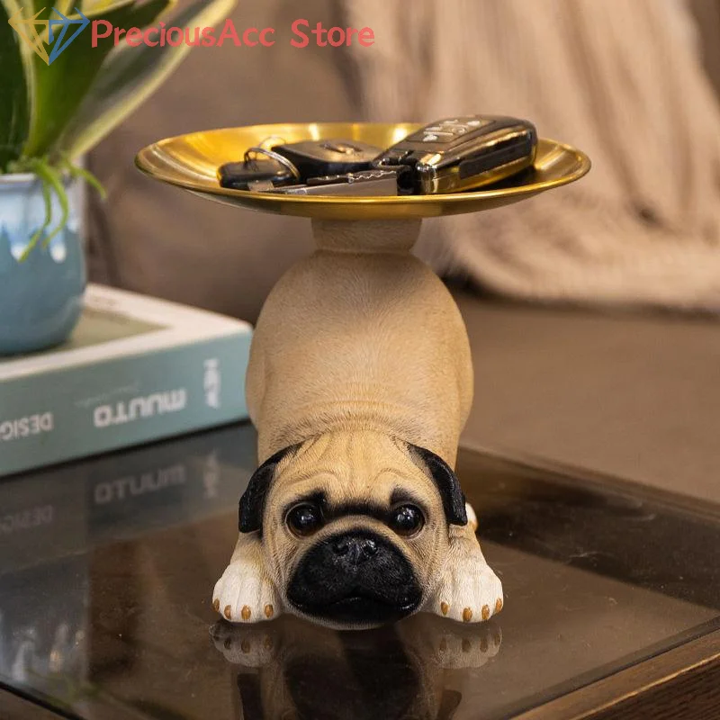 

Creative Animal Pug Statue Storage Tray Cute Dog Key Candy Snack Storage Plate Sculpture Ornaments Office Table Top Decor