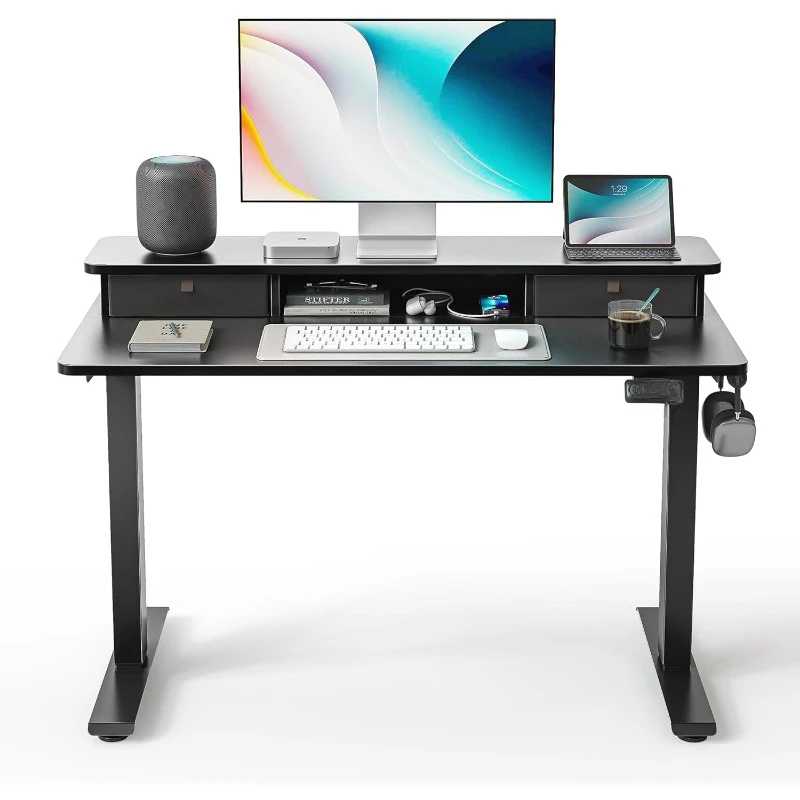 Height Adjustable Computer Desk, Home Office Stand Up 40'' x 24'' Height Adjustable Electric Standing Desk with Double Drawer