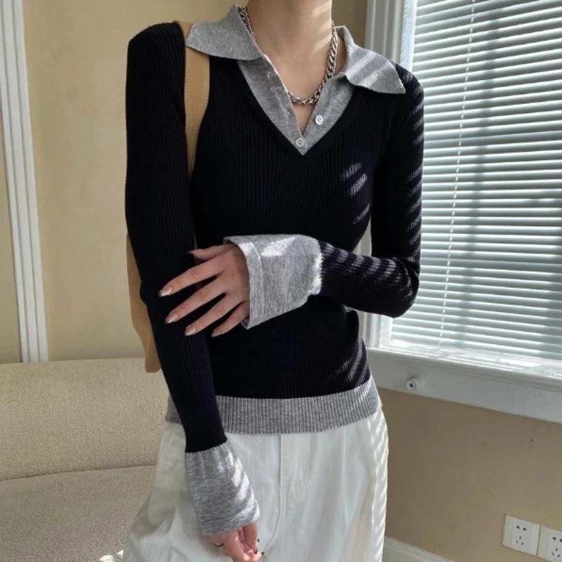 

Knitted Pullover Sweaters Women Jumpers Faux Layer Color Blocked V Neck Long Sleeves Thick Slim Fit Casual 2025 Autumn Winter