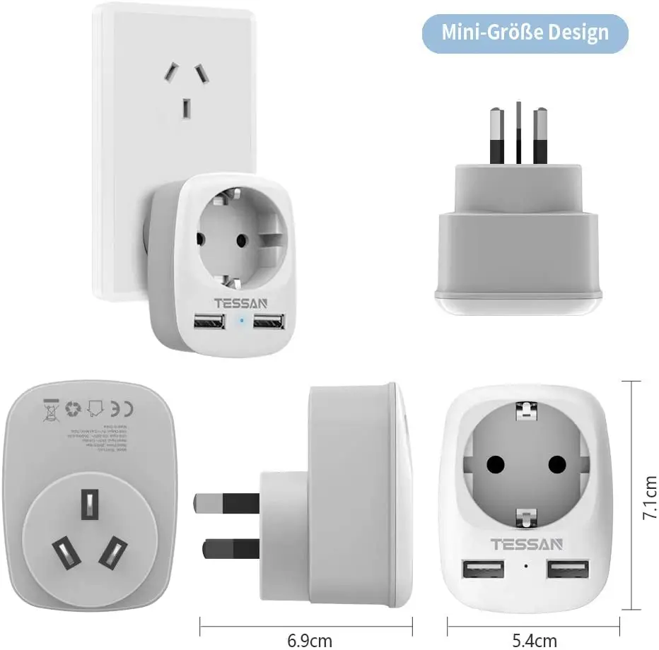 TESSAN Adapter podróżny z UE na AU z 2 portami USB, 2-pinowy z Europy na 3-pinowy Chiny dla Argentyny Australia Nowa Zelandia Urugwaj Fiji Typ I