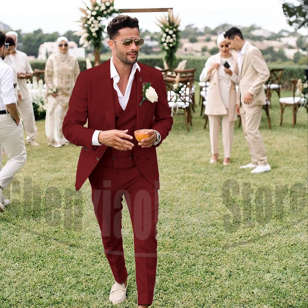 الصيف الكتان الرجال الدعاوى 3 قطعة شيك واحدة الصدر الذروة التلبيب وتتسابق موضة اليومية عادية سليم العريس حفل زفاف سهرة