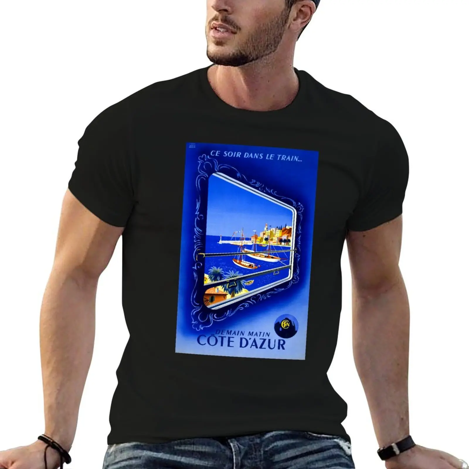 Cote d'Azur Vintage Poster Restored T-Shirt Casual Daily Wear Short Sleeve Top