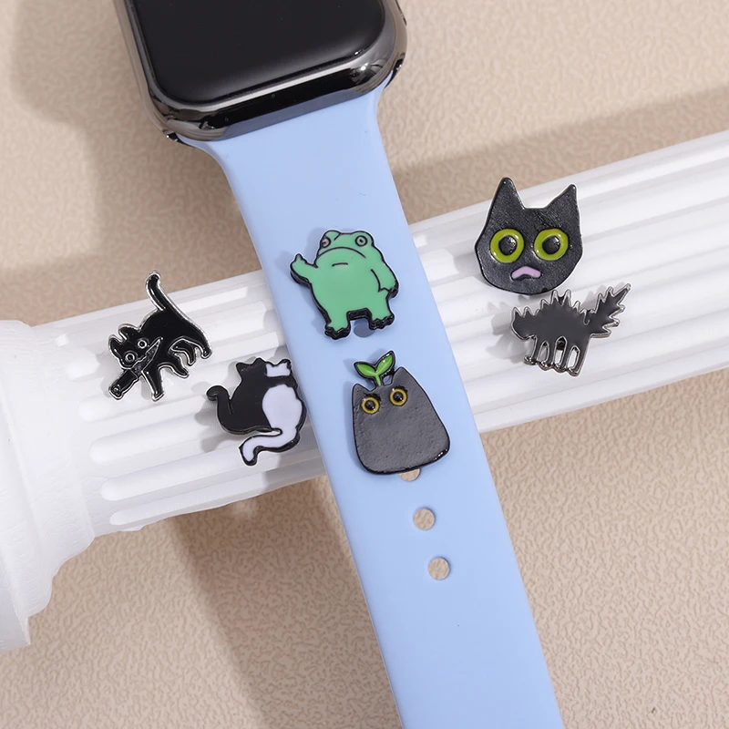 Cute Cartoon Frog Charms for Iwatch Black Cat Kitten Decorative Charm Stud Silicone Watchband Jewelry Charm for Apple Strap